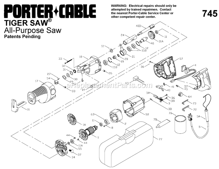 Porter Cable 9745 (Type 1) 10 Amp Tiger Saw Kit Power Tool Page A Diagram